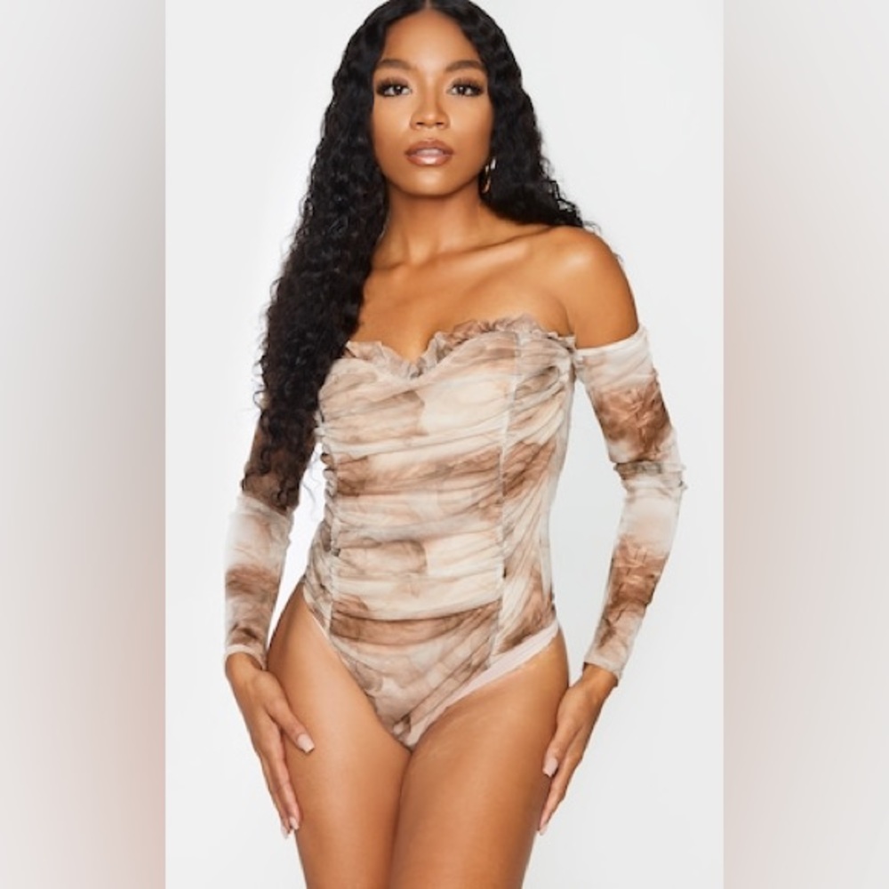 Pretty Little Thing | Nude Smoke Printed Mesh Ruched Bardot Bodysuit